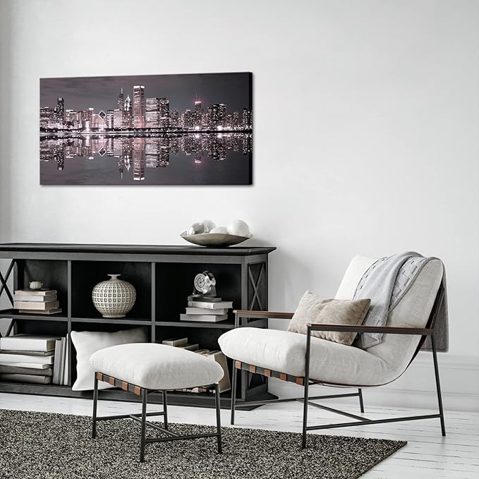 Conipit Chicago Wall Art Chicago Skyline Artwork City Night Downtown Picture Cityscape Painting Framed for Bedroom Home Office Decor 24"x48"