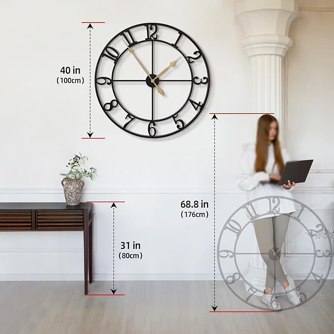 LEIKE 40 Inch Extra Large Wall Clock, Decorative Oversized Arabic Numerals Battery Operated Black Metal Wall Clocks for Living Room,Kitchen,Office, Farmhouse,Entrance Decor