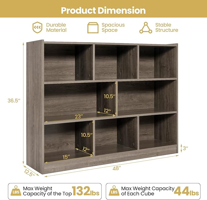 Tangkula 8-Cube Bookcase, Wood 3 Tier Open Storage Bookshelf, Modern Multipurpose Display Cabinet for Living Room, Study, Reading Nook, 48 x 12.5 x 36.5 Inch, Grey