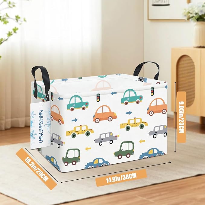 LANGYASHAN Rectangular Storage Bin Collapse Canvas Fabric Cartoon Storage Basket with Handles for Organizing Home Kitchen Boys and Girls Toys Office Closet Shelf Baskets(Rec Color Cars)