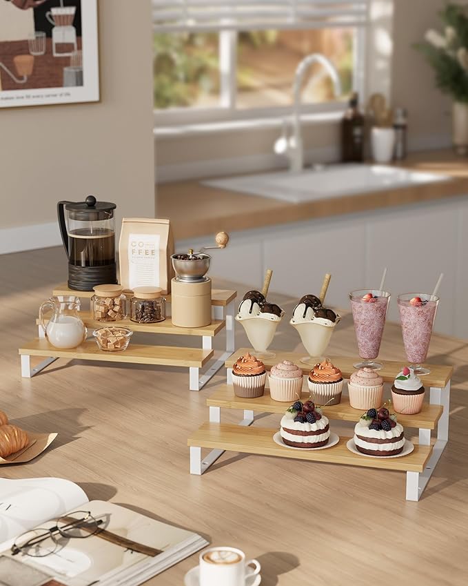 SONGMICS Display Risers, Set of 2 Engineered Wood Perfume Organizer Stand, 3-Tier Cupcake Stand Holder, Spice Rack, Shelf Risers for Figures, Dessert Shelves, Natural Beige and Cloud White UKCS016N02