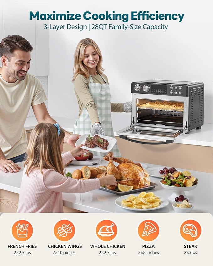 28QT Air Fryer Toaster Oven Combo, Large 12-in-1 Convection Countertop Oven with Next-Gen HeatWave Convection, 3-Layer Cooking, Rotisserie for Chicken, Fits 11" Pizza, Full Accessories, Sparkle Black