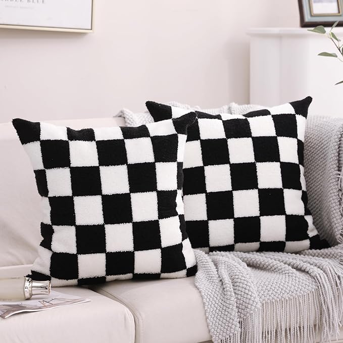 Alysheer Checkered Embroidered Decorative Throw Pillow Covers 18"x 18" Set of 2, Farmhouse Cottage Black White Plaid Tufted Patterned Cotton Canvas Cushion Case for Sofa Couch Bed Living Room