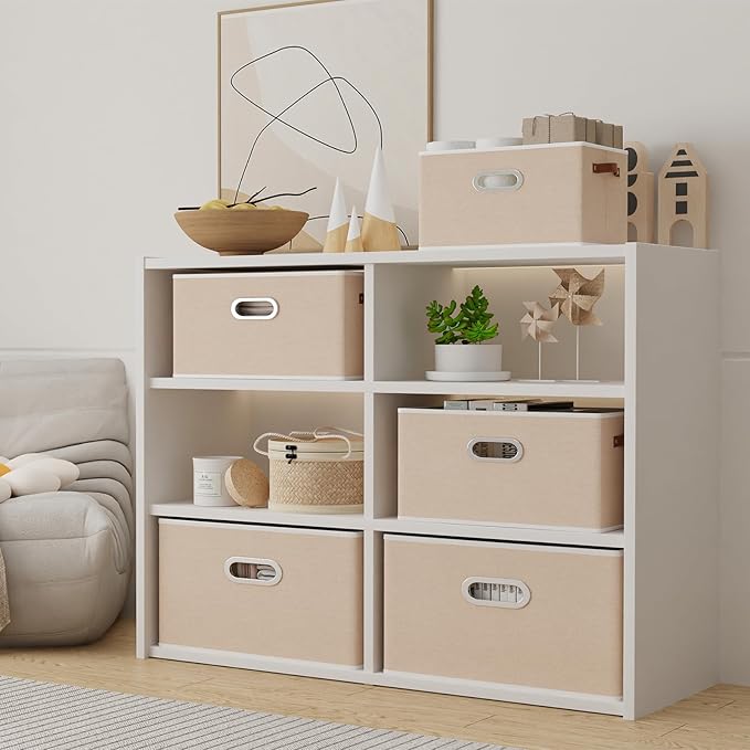 Yawinhe Collapsible Storage Box, Cube Storage Basket, Fabric Foldable Storage Bins Organizer Containers with Dual Leather Handles for Home Bedroom Closet Office,15.0 x 9.8 x 8.3 Inch, (Beige, 4-Pack)