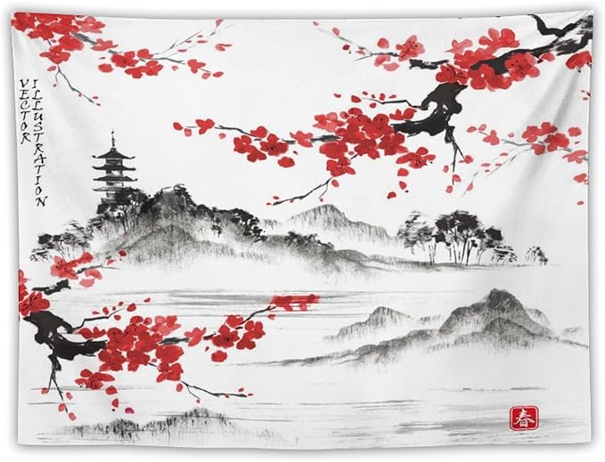 Cherry Blossoms Tapestry, Japanese Fuji Mountain Tapestry, Asian Japanese Wall Tapestry, Nature Landscape Tapestries for Bedroom Living Room Decor 90"x60"