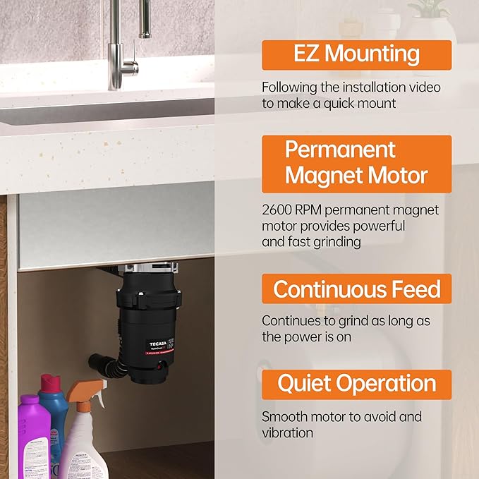1/2 HP Garbage Disposals, TECASA Continuous Feed, Stainless Steel Food Waste Grinding System for Kitchen Sink Food Waste, Power Cord Included, Black - HyperCrush 50