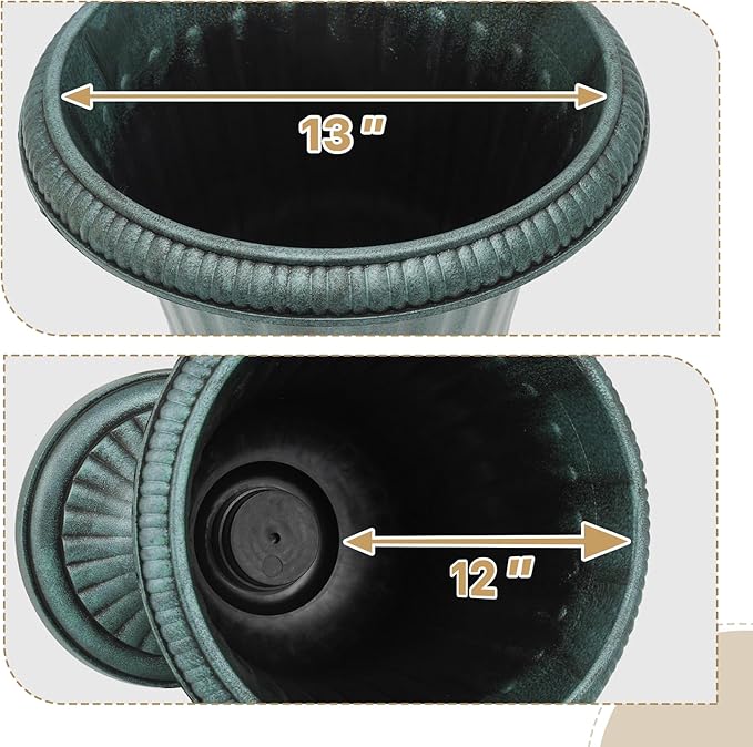 Athena Collection 20''H Garden Plastic Urn Vintage Tall Planter Urn Patio Large Flower Pot Porch Planter Large Planter for Indoor Outdoor Plant, Dark Green