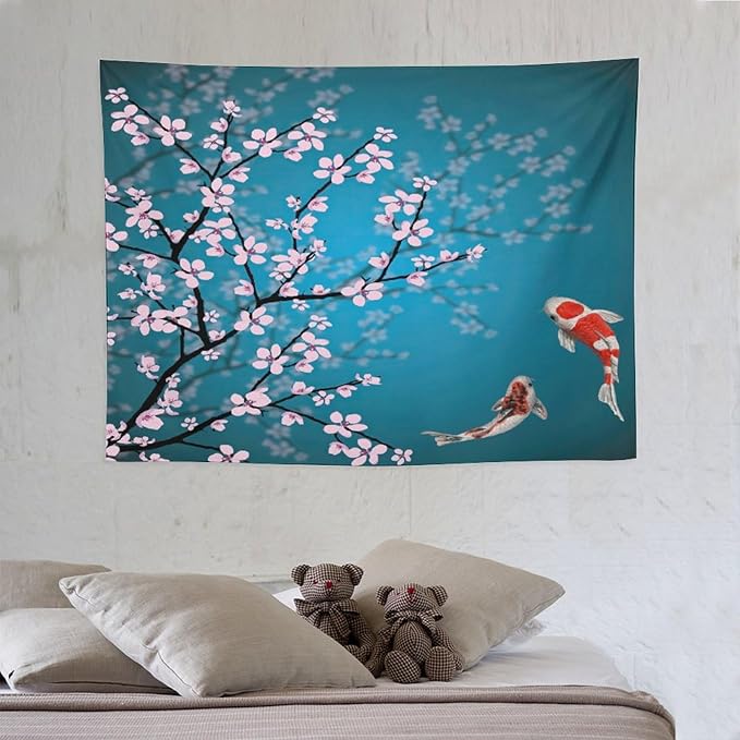 Japanese Koi Fish Tapestry, Cherry Blossoms Asian Oriental Green Teal Flower Branch Koi Fish Carp Tapestries Wall Hanging for Bedroom Living Room Office Decor 40"x30"