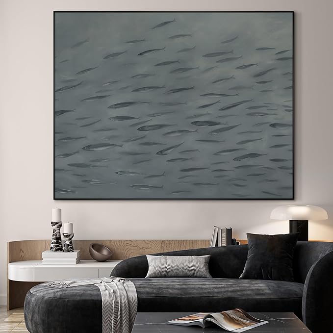 SIGNWIN 46"x60" Extra Large Framed Wall Art Gray School of Fish Minimalist Ocean-Inspired Marine Life Illustration for Home Living Room Bedroom Decor (Frame Assembly Required)