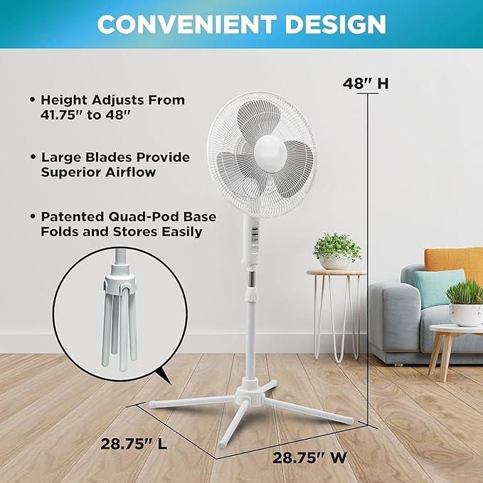 EZ-CHILL 16” Oscillating Pedestal Fan, 3-speed Options, 90-Degree Oscillating Head, Adjustable Height and Tilt, Powerful Air Flow, Black, MTFS-16B-BLK