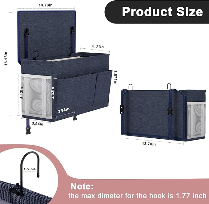 Dual-purpose Bedside Caddy Bedside Organizer, Bed Caddy with 6 Pockets, Versatile Bedside Storage Solution Magazine Remotes holder, ideal for Home, Dorm, Hospital, Crib Bed (Navy)
