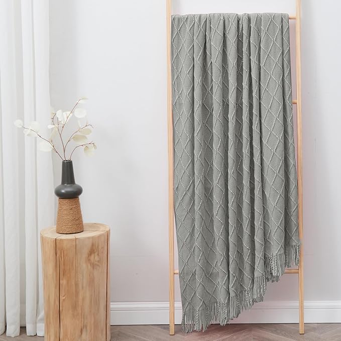 inhand Knitted Throw Blankets for Couch and Bed, Soft Cozy Knit Blanket with Tassel, Light Grey Lightweight Decorative Blankets and Throws, Farmhouse Warm Woven Blanket for Men and Women, 50"x60"