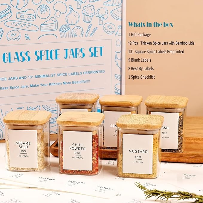12 Pcs Square Glass Spice Jars with Natural Bamboo Lids - 9oz Airtight Herb Containers with 148 Waterproof Minimalist Spice Labels Preprinted - Empty Small Seasoning Jars for Kitchen Pantry