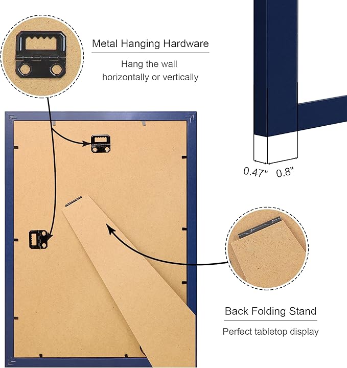 10x14 Picture Frame Set of 4, 10 x 14 Wood Photo Frames with Mat for 8x12 or 30x40cm Diamond Painting Art, Wooden Frame with Real Glass Cover for Wall and Tabletop Display,Blue