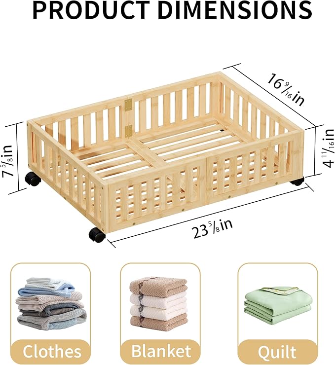 Bamboo Under Bed Storage with Wheels (2-Pack) – Rolling Underbed Shoe Organizer Box for Shoes, Blankets, Toys, Clothes Container Space-Saving Organizer Bins for Bedroom, Closet, Dorm, Nursery