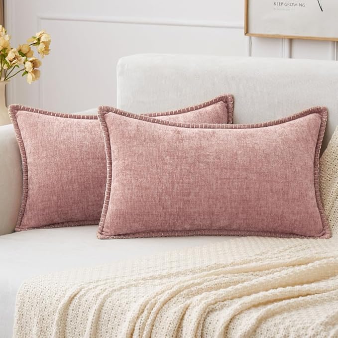 MIULEE Pack of 2 Couch Throw Pillow Covers 12x20 Inch Blush Pink Farmhouse Decorative Pillow Covers with Stitched Edge Soft Chenille Solid Dyed Spring Pillow Covers for Sofa Bed Living Room