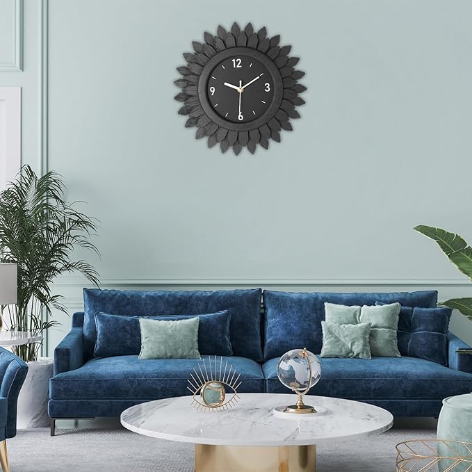 Honiway Wall Clock Battery Operated 12 Inch Rustic Wooden Boho Sunburst Decorative Wall Clock Silent Non-Ticking Black Wall Decor Clocks for Living Room Kitchen Bathroom Bedroom (Black)