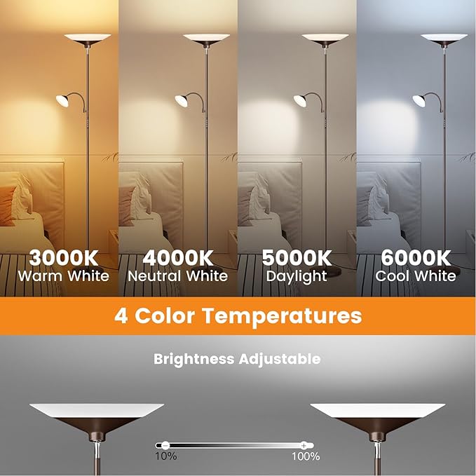 Brown Torchiere LED Floor Lamp - 72" Rotating Standing Lamp with Remote, 34W Dimmable Floor Light with Color Changing, Tall Bright Corner Lamp for Reading Living Room Bedroom Office