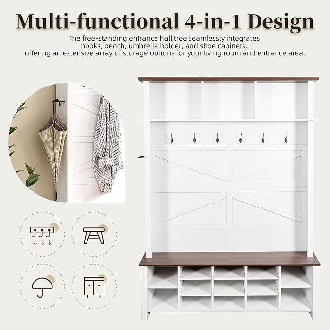 Ball & Cast 4-in-1 Hall Tree with 6 Hooks,Walnut Entryway Bench with Adjustable Shelves,Rustic Shoe Organizer with 16 Open Compartments,for Mudroom,Living Room,Hallway,White