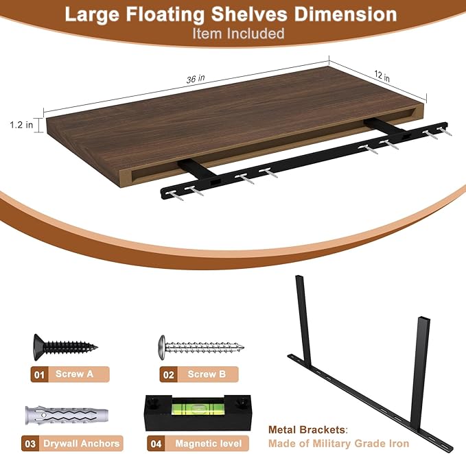 12 Inch Deep Floating Shelves for Wall 3 Pack Floating Shelves Large Storage Space Wall Mount Shelf for Living Room Kitchen Bathroom 36" W x 12" D x 1.2" H Walnut