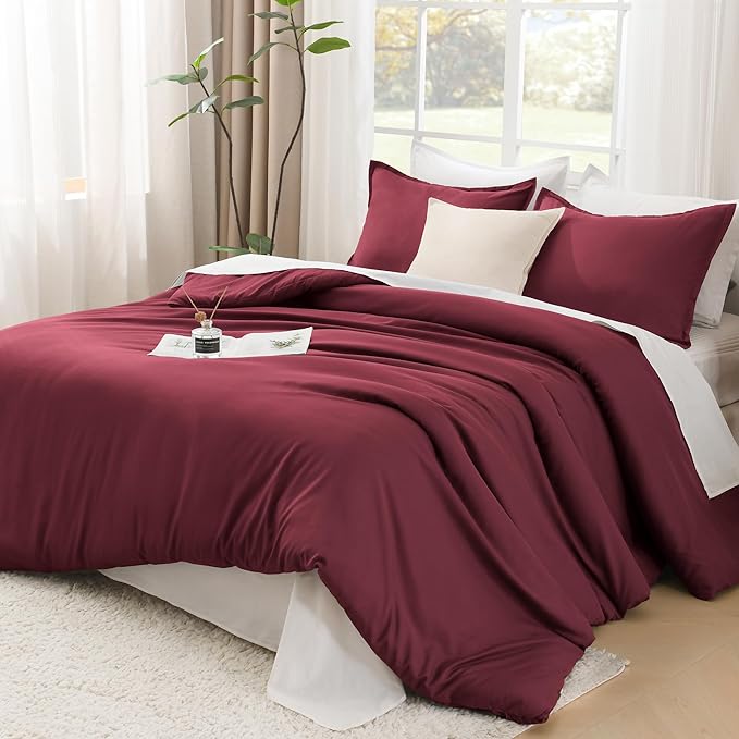 Litanika Burgundy Red Comforter Set King Size, 3 Pieces Lightweight Solid Bedding Comforter Set, All Season Fluffy Bed Set (104x90In Comforter & 2 Pillowcases)