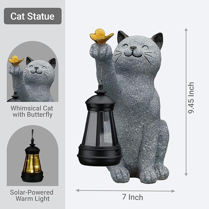 Solar Cat Garden Statue Outdoor Decor, Cat Sculpture with Lantern and Butterfly for Yard Lawn Patio Balcony, Birthday Housewarming Gifts for Mom, Grandma, Women, 9.4 inch, Resin