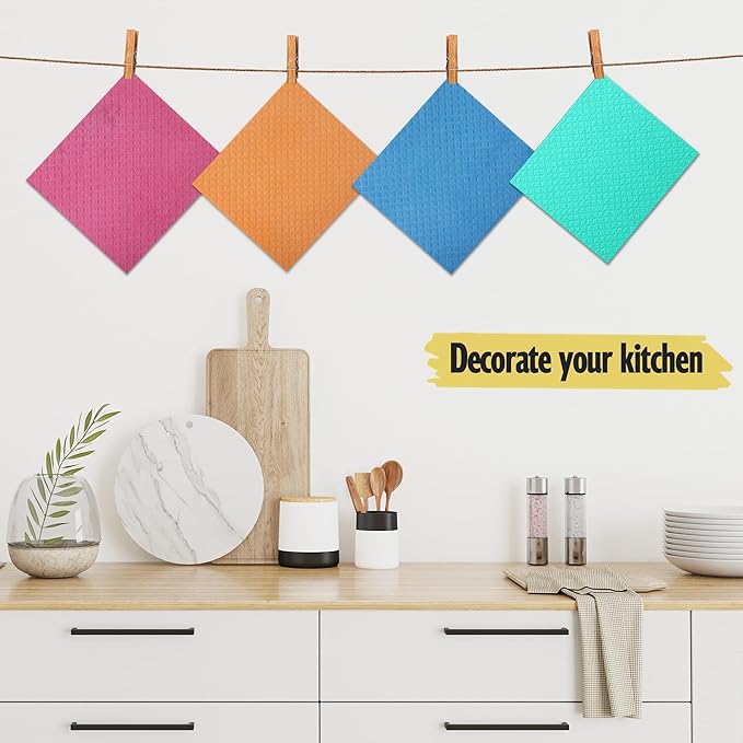 Swedish Dish Cloths - 10 Pack Reusable Kitchen Dishcloths - Ultra Absorbent Dish Towels for Washing Dishes - Cellulose Sponge Cloth Cleaning Rag - Assorted
