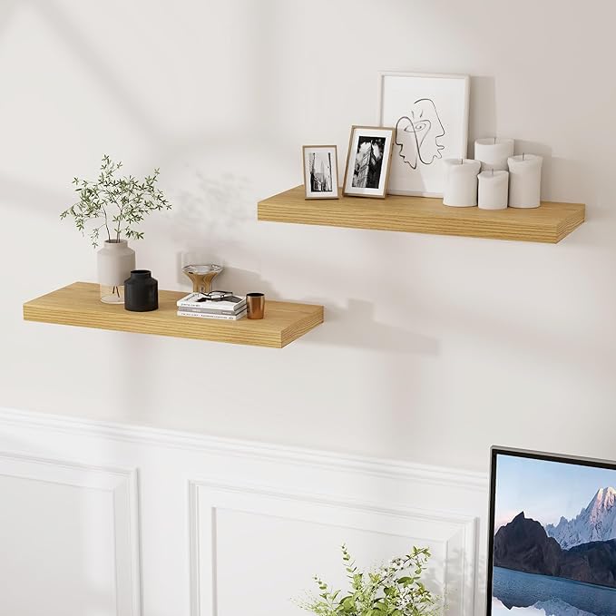 24 x 9 Floating Shelves, 9 Inch Deep Floating Shelf Wall Mounted, 24 Inch Bathroom Shelves Set of 2, Rustic Wood Wall Shelf for Bedroom, Living Room, Oak Color