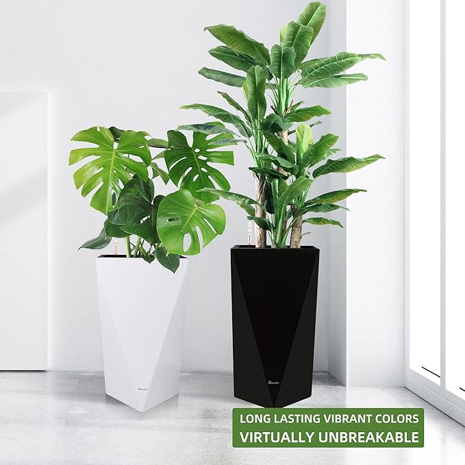 Dexceder 24 Inches Tall Self Watering Planter Diamond High Gloss Indoor Outdoor, Thickened Rhombus Large Floor Standing Flower Plant Pot with Water Level Indicator (Black)