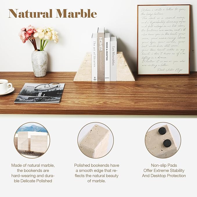 Travertine Bookends for Heavy Books, Marble Decorative Bookends for Shelves, Heavy-Duty Stone Book Ends for Hardback Book & Cookbooks, Unique Book Stopper & Holder, Travertino Italy