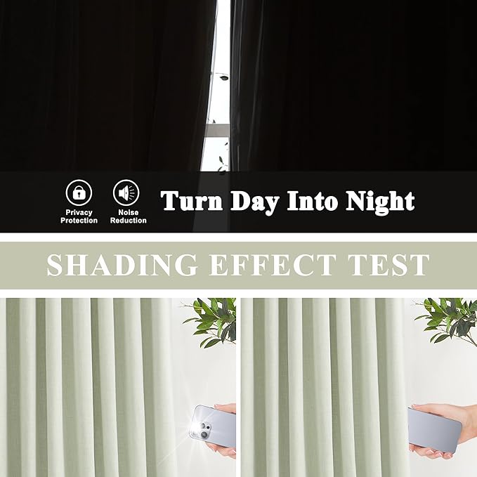 Vision Home Soft Green Pinch Pleated Full Blackout Curtains Linen Blended Room Darkening Curtain Panels 63 inch for Living Room Bedroom Thermal Insulated Pinch Pleat Drapes with Hooks 40" Wx63 Lx2