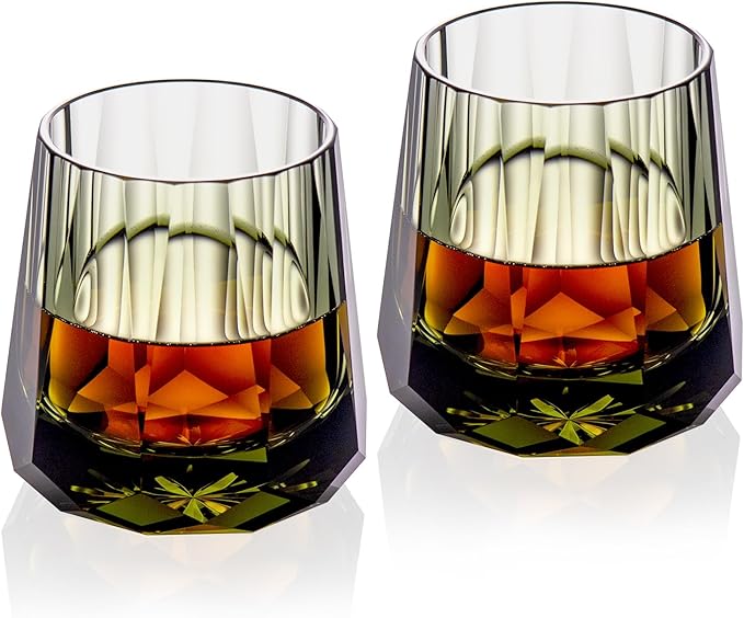 KAMMAK Crystal Whiskey Glasses Set of 2, Handcrafted 6.76oz Old Fashioned Glasses Stemless, Luxury Cocktail Glasses, Hand Blown Scotch Cup for Women, Men Gift for Rocks, Bourbon, Bar Barware