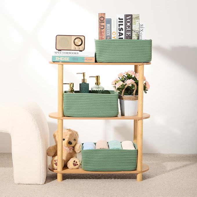 Small Storage Baskets for Organizing | Closet Organizer Bins | Shelf Toy Basket | Woven Rope Baskets | Cube Decorative Box | Shallow Basket | 13x8.5x5.1” | 3 Packs Green