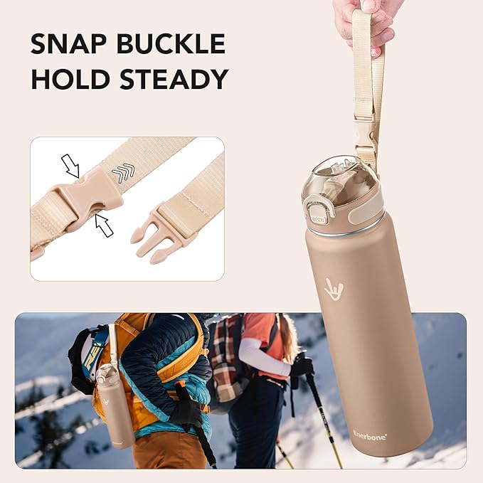 Enerbone 32 oz Insulated Water Bottle, Stainless Steel Bottle with Carrying Strap, Double-Wall Vacuum Insulation Design, Leakproof Sports Bottle with Straw, Keep Drinks Cold or Hot for Hours