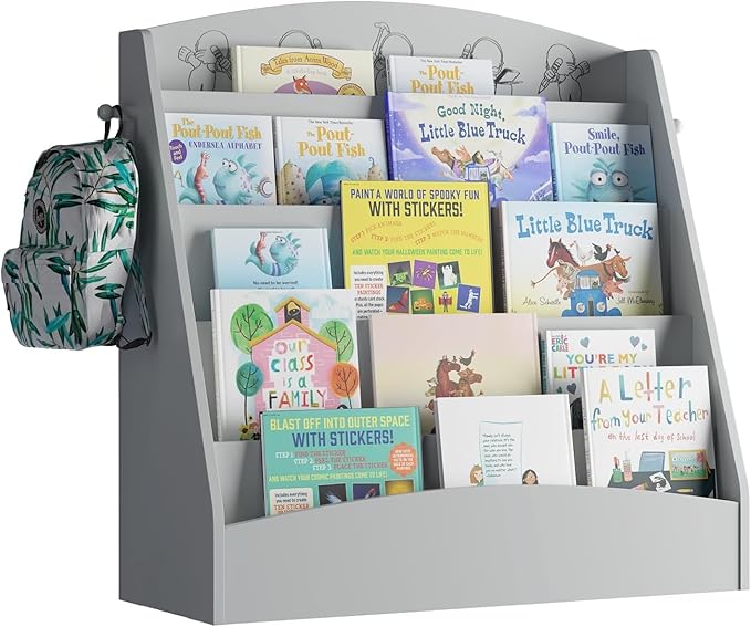 5-Tier Kids Bookshelf Montessori Toddler Book Rack Baby Bookcase Floor Front Facing Magazine Display Shelf for Bedroom Playroom Nursery Classroom Kindergarten Wood (Gray)