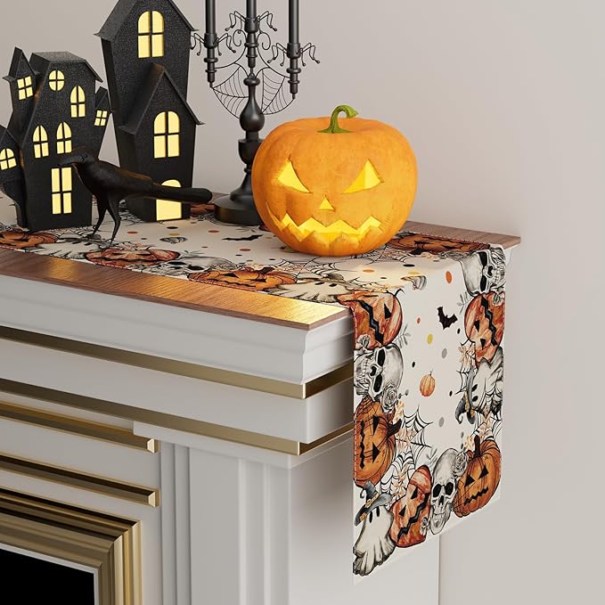 XCHI Spooky Skeleton Ghost Pumpkin Halloween Table Runner Party Table Decoration for Home Kitchen Dining Holiday Decor 13x120 Inch
