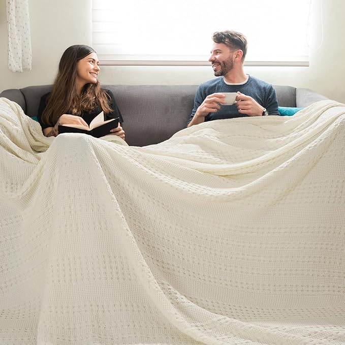 PHF 100% Cotton Waffle Blanket Oversized King 120"x120", Lightweight Breathable Extra Large 10'x10' Summer Blankets for Bed, Giant Big Luxury Aesthetic Woven Bedding for Home Decor, Ivory