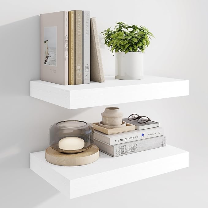 Marsmiles 16" Floating Shelves for Wall, Wooden Shelves with Invisible Brackets Set of 2, Rustic Farmhouse Wall Mounted Shelf for Kitchen Bathroom Living Room Study, White