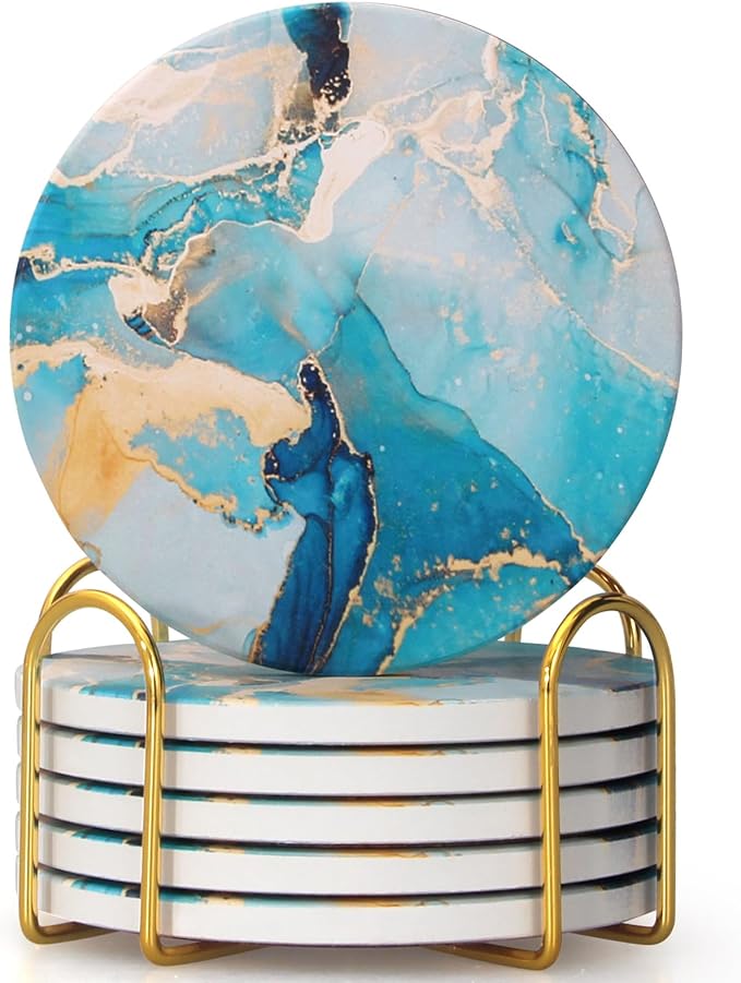 6 Pcs Light Blue Marble Abstract Ceramic Coasters with Holder Best Round Drink Absorbent Coasters for Desk, Lounge, Coffee, Wine, Beverage, Dining Table Decor, Bar Coaster Set