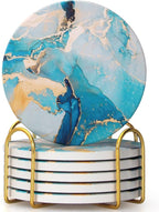 6 Pcs Light Blue Marble Abstract Ceramic Coasters with Holder Best Round Drink Absorbent Coasters for Desk, Lounge, Coffee, Wine, Beverage, Dining Table Decor, Bar Coaster Set