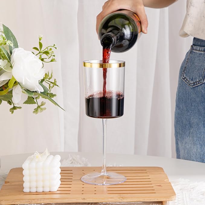 Ciaell 12 Pack Plastic Wine Glasses - 14 Oz Plastic Wine Glasses with Stem - Square Gold Disposable Stemmed Glass for Parties & Weddings & Outdoors & Thanksgiving