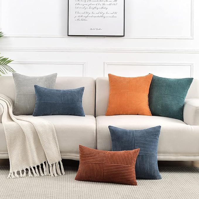 Fancy Homi 2 Packs Grey Decorative Throw Pillow Covers 18x18 Inch for Living Room Couch Bed Sofa, Rustic Farmhouse Boho Home Decor, Soft Corss Corduroy Patchwork Textured Square Cushion Case 45x45 cm