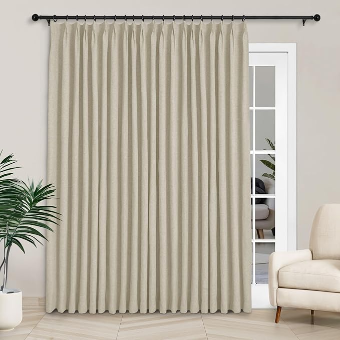 Macochico Extra Wide 100% Blackout Linen Curtains for Sliding Door Pleated Curtains with Hooks Insulated Soft Linen Drapes for Bedroom Living Room with Tieback Beige 100”Wx84”L 1 Panel