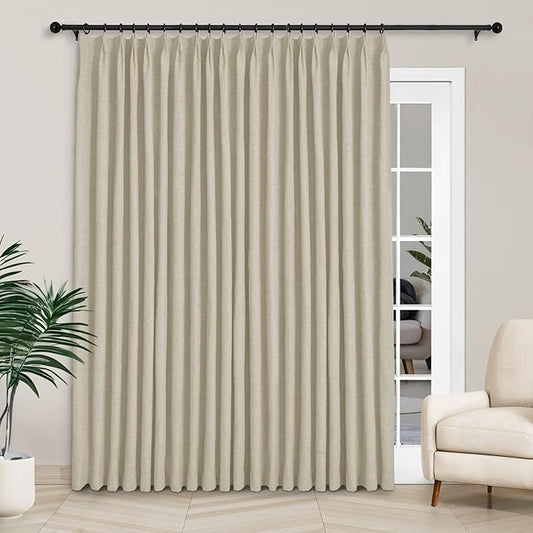 Macochico 100”Wx96”L Pinch Pleated 100% Blackout Linen Curtains Thermal Sliding Curtains for Bedroom Living Room Sliding Glass Door Farmhouse Shabby Chic Beige Drapery with Tieback 1 Panel