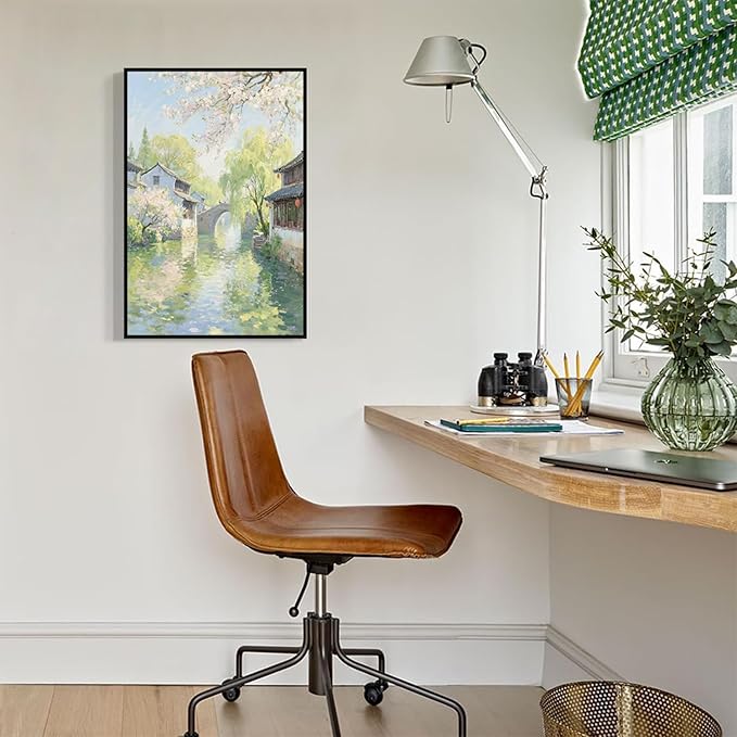 Small bridge stream house Jiangnan style landscape poster suitable for living room bedroom office natural oil painting poster