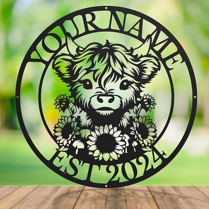 Personalized Highland Cow Name metal Signs,Custom Highland Cow Metal Shed Wall Decor,Black Metal Wall Art Plaques Outdoor wall Decorative Signage (Style E)