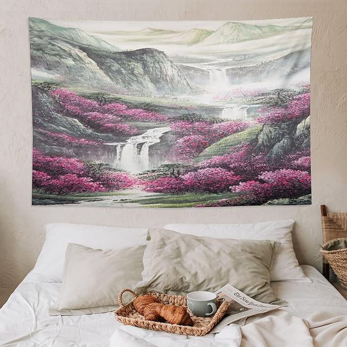 Japanese Tapestry, Red Plum Blossom Mountain Tapestry, Asian Japanese Wall Tapestry, Nature Landscape Tapestries for Bedroom Living Room Decor 90"x60"