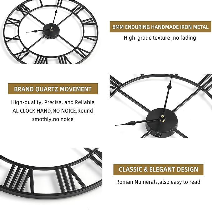 Large Wall Clock - 40cm/ 16 Inches Silent Non-Ticking Metal Wall Clock, Black, Vintage Modern Style, Battery Operated, Ideal for Living Room, Bedroom, Office, Farmhouse Decor