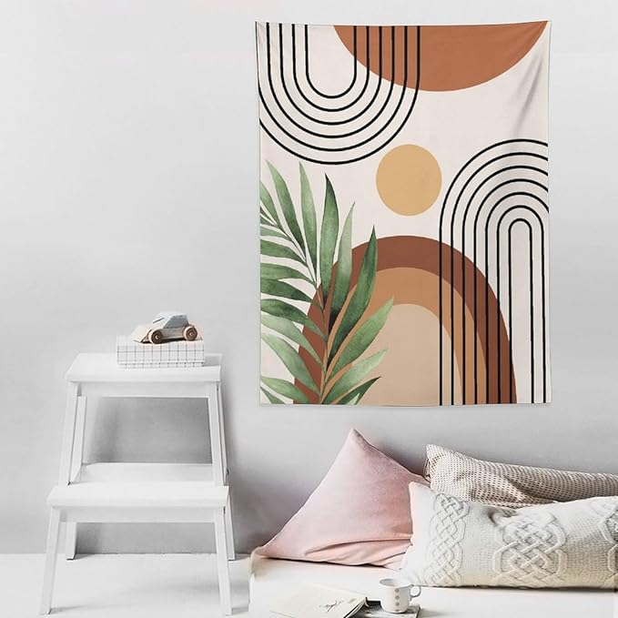 Abstract Bohemian Mid Century Tapestry, Tropical Leaves Modern Geometric Archway Minimalist Bohemian Botanical Aesthetic Wall Hanging, Sage Green Gold Home Decor Art for Bedroom 30x40 Inch