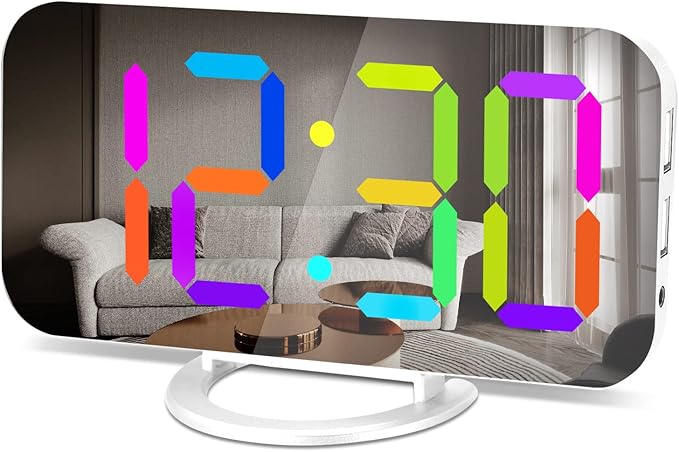 SZELAM Digital Alarm Clock,LED RGB Colorful Clocks,with Mirror Surface Large Display,2 USB Charger Ports,Auto Dimming,Modern Desk Clock for Bedroom Home Office Decor- White